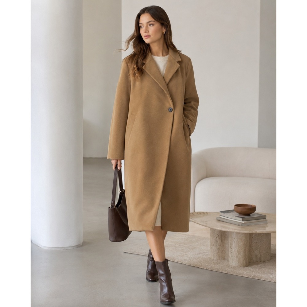 GB Single Button Longline Camel Car Coat Jacket M Classic Minimalist Boho